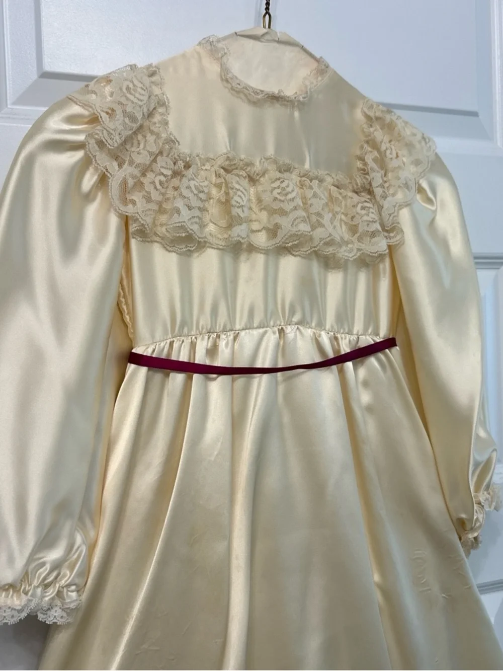 Vintage Victorian Girls Ivory Satin Lace Ruffled Dress with Burgundy Ribbon